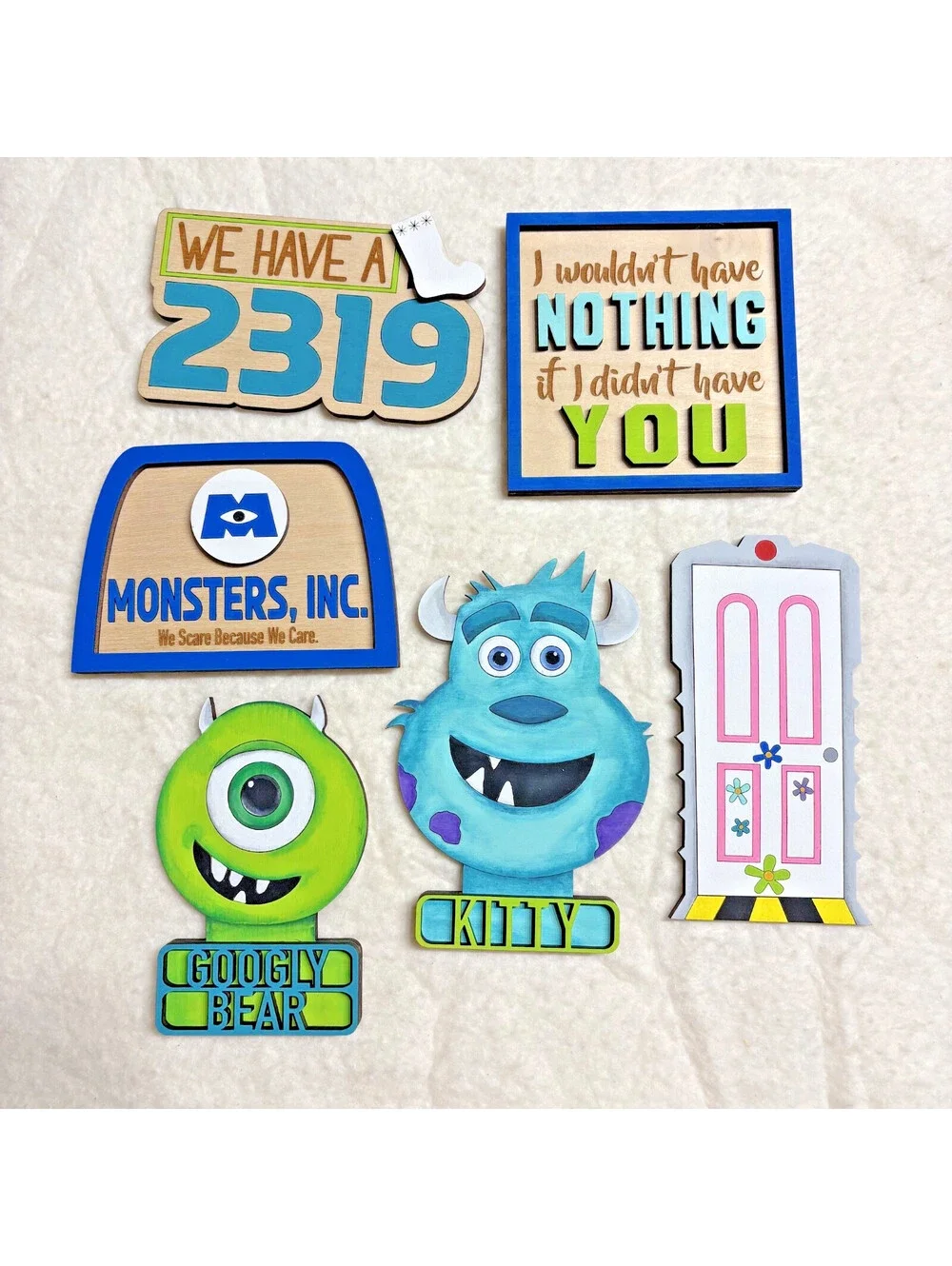 lot of 6 Pcs Monsters Inc Tiered Tray Decor Set Wooden Signs - hand painted OOAK
